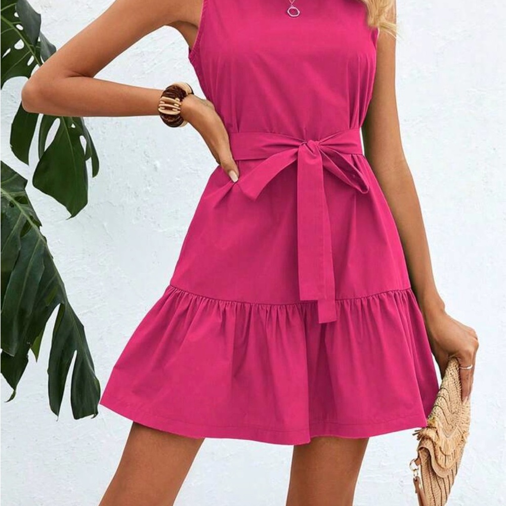 SHEIN Hot Pink Sleeveless Tie-Waist Ruffle Hem Mini Dress